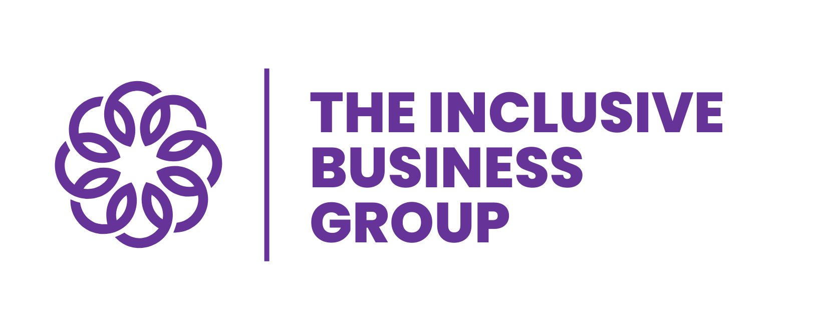 Text image: The Inclusive Business Group with circular pattern logo to the left of text. Text in purple on white background.